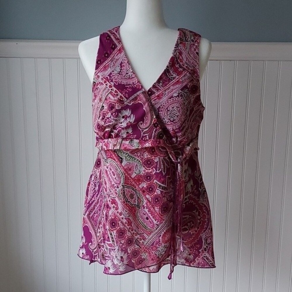 Sleeveless‎ Tank Blouse Tie Waist Pink Paisley Mosaic Festival Boho Indie Small